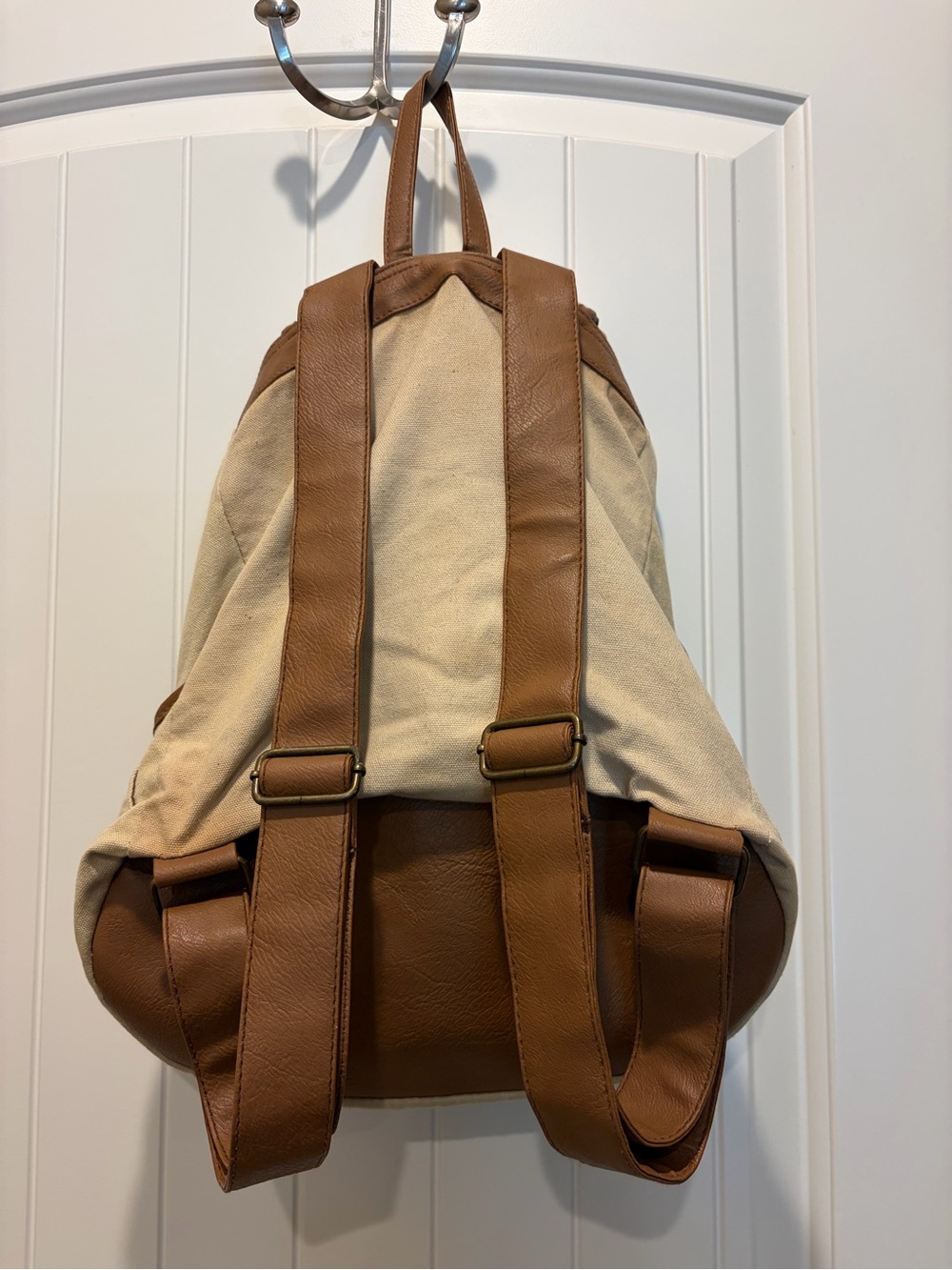 Stylish Canvas Lace Drawstring Backpack - Cream and Brown - Picture 3 of 3
